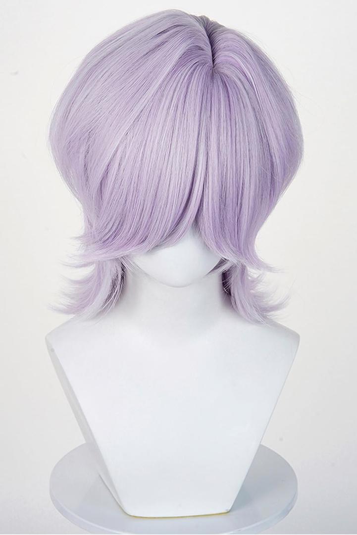 Mens Cosplay Wig Anime Short Straight Wig Synthetic Hair for Halloween Costume Outfits Accessory Party (Light Purple, Short, Straight)