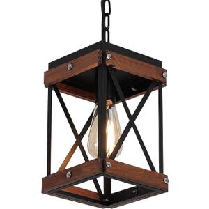 Fivess Lighting Rustic Farmhouse Pendant Light with Wood and Metal Cage, One-Light Adjustable Chains Industrial Mini Pendant Lighting Fixture for Kitchen Island Cafe Bar, Black (Brown and Black)
