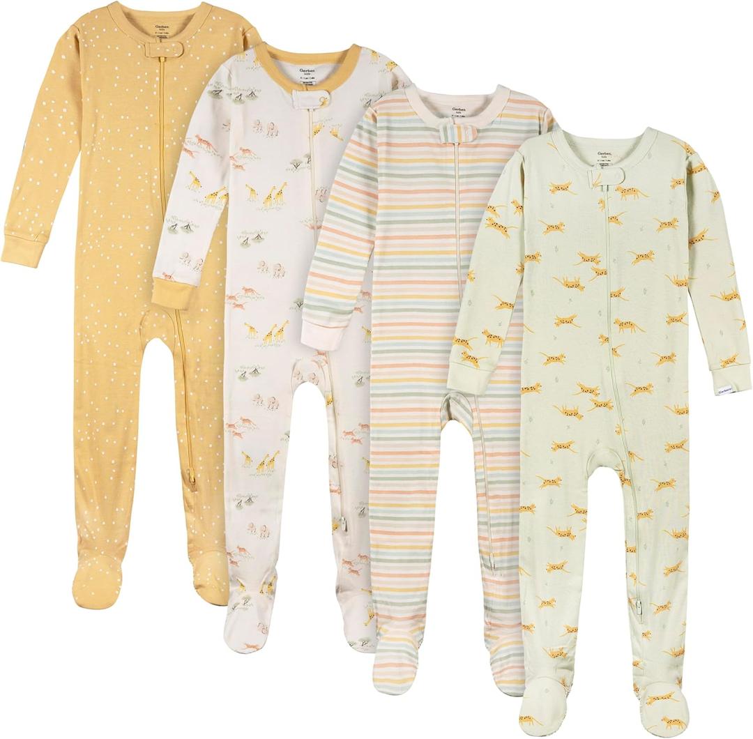 Gerber Unisex Baby 4-Pack Footed Pajamas (2T, Safari)