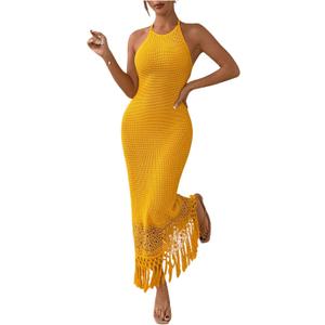 SOLY HUX Women's Summer Fringe Trim Halter Neck Bodycon Dress Crochet Sleeveless Maxi Dresses (Plain Yellow)