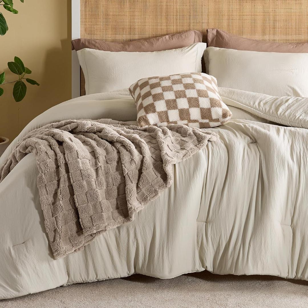 Bedsure Queen Comforter Set 5 Pieces - Bed in a Bag with Checkered Throw Blanket and Decorative Pillow, Lightweight Bedding Comforter Sets, All Season Boho Bedding, Linen Beige