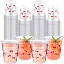 Dandat 100 Count Cherry Bow Plastic Cups Pink Coquette 10 oz Disposable Clear Cold Beverage Drinking Cups for Girls Women Red Cherry Pink Bows Birthday Baby Shower Bachelorette Weddings Party Supplies