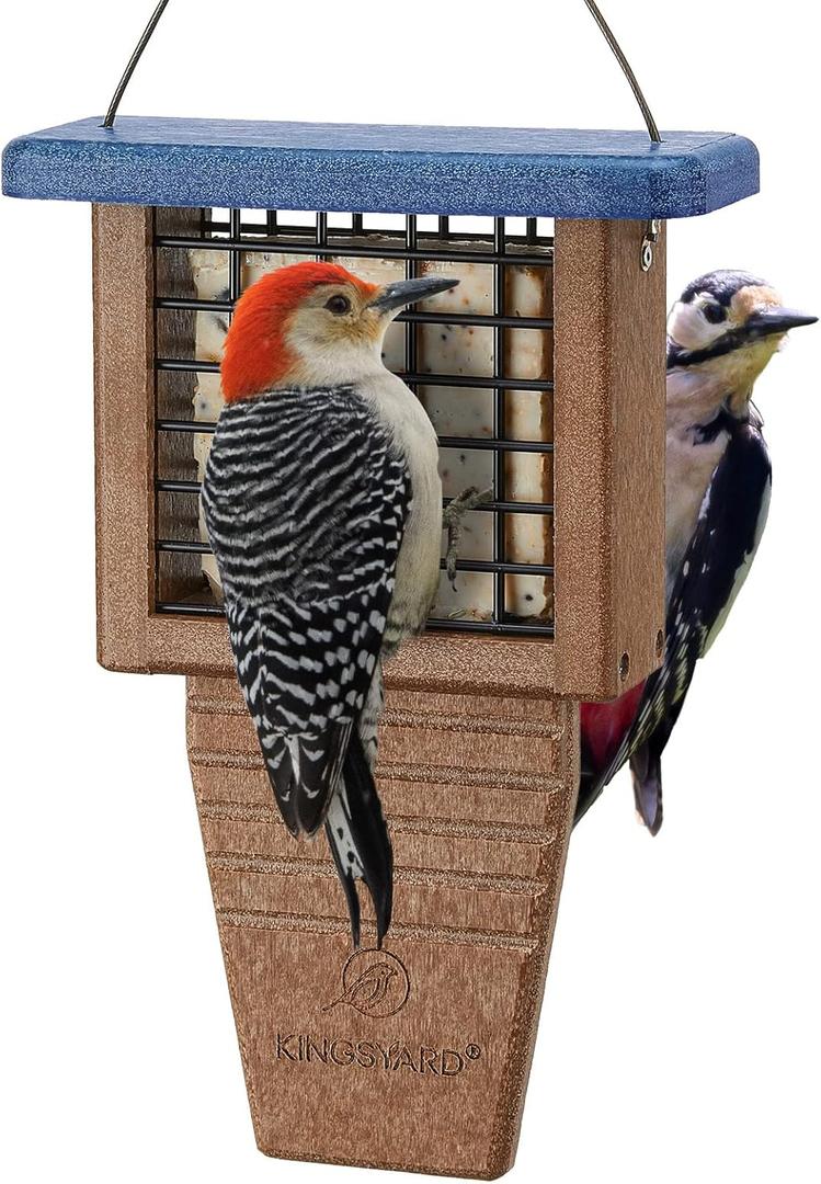 Kingsyard Recycled Plastic Suet Bird Feeder, Tail Prop Suet Feeder for Outside Hanging, Sturdy & Durable, Great for Woodpecker & Clinging Birds, Blue