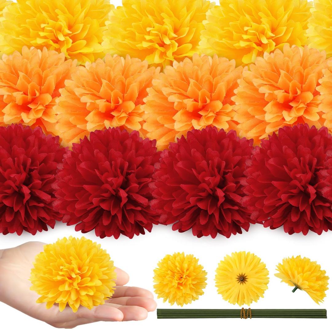 EIMMBD 40pcs Marigold Flowers Heads Bulk 3.15", Artificial Marigold Garland for Day of The Dead Decor Diwali Cinco de Mayo Fiesta Wedding Festival Party Home Decoration (Orange+Yellow+Red)