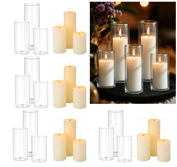 24 Pcs White Pillar Candles with Glass Candle Holder Hurricane Glass Candle Holders Clear Cylinder Vases for Centerpieces Wedding Office Party Home Table Decor