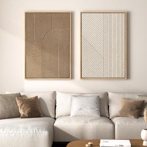 Large 3D Textured Framed Neutral Abstract Wall Art Set, 2 Piece Modern Paintings Artwork for Walls, Minimalist Beige Brown Geometric Line Pictures for Living Room Entryway Bedroom Wall Decor 24x36 In, 24"W x 36"H x 2Pcs