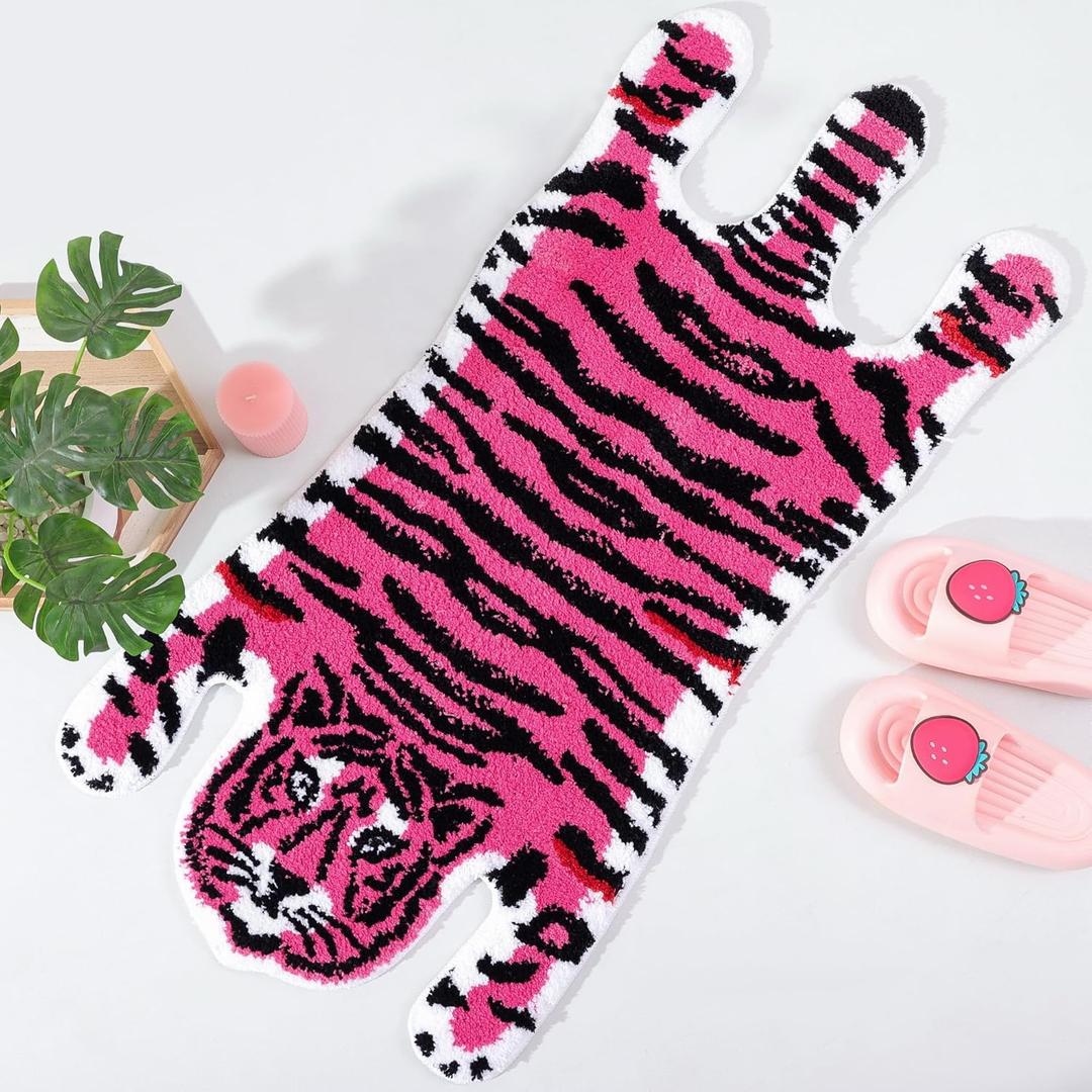 Panstar Pink Tiger Bath Mat for Bathroom, Cute Pink Tiger Cartoon Bath Mats Non Slip Animal Shaped Absorbent Bathtub Rug Bathroom Plush Shower Rugs