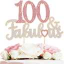 100 & Fabulous Gold & Pink Rhinestone Cake Topper - Happy 100th Birthday Cheers to 100 Years Old Bday Party Metal Sparkly Food Centerpieces Topper Decorations Keepsake.