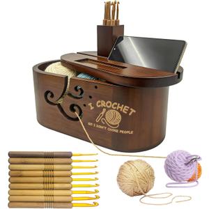 Oval Yarn Bowl Set with Lid, Crochet Yarn Holder with 9PCS Knitting Hooks, Large Wooden Yarn Storage with Phone Stand, Three Curling Slot Crochet Yarn Bowl Gift for Crocheters