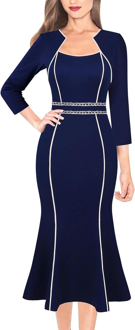 VFSHOW Womens Elegant Vintage Square Neck Work Business Office Party Mid-Calf Mermaid Dress (S)