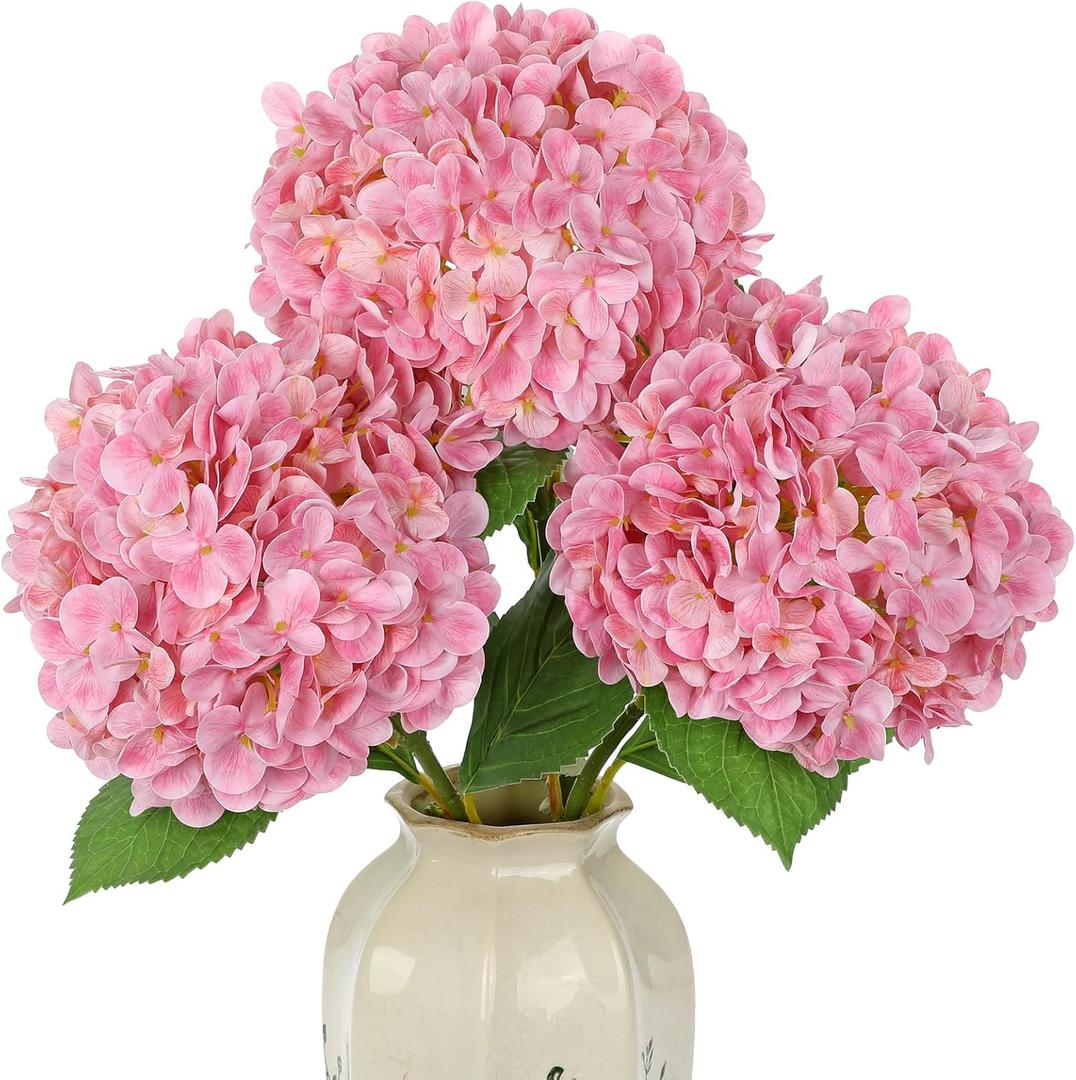 Large Real Touch Hydrangea Artificial Flowers with Stems, 8" Full Bloom Fresh Touch Faux Hydrangea Bouquet for Vase Decor, Wedding Centerpieces, Home Table Arrangement 25.5 Tall Pink Hydrangeas