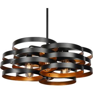 6-Light Modern Farmhouse Chandeliers for Dining Room, Rustic Multiple Rings Pendant Lighting, Industrial Metal Round Chandelier for Kitchen Entryway, Black with Gold Interior