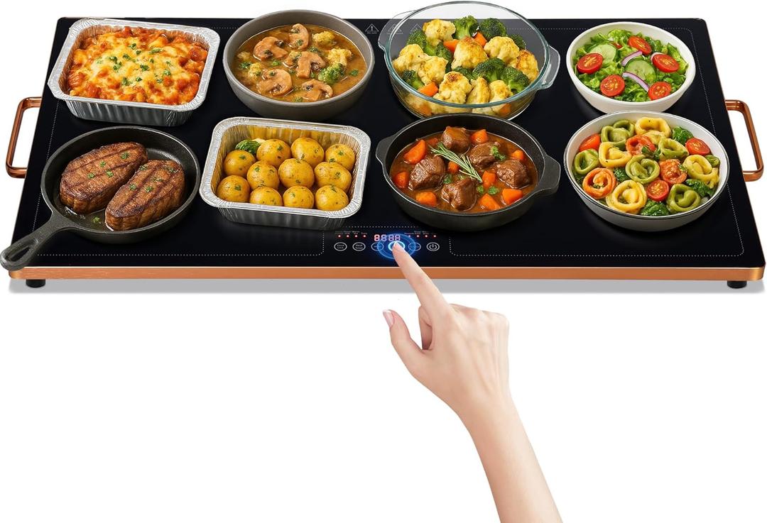 WARMOUNTS Electric Warming Tray (32''×18''), Temperature Control Food Warmers for Buffets Party with Touch-sensitive Buttons and Timer, Full Surface Tempered Glass Top Heating Food Warming Tray - Gold