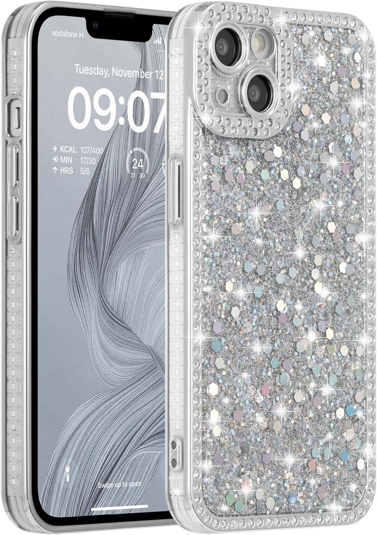 FABSPARK Case for iPhone 15 Pro Max,Glitter Crystal Diamond Rhinestones Sequin Shiny Bling Sparkly Glossy Luxury Electroplated Case,Aesthetic Cute Full Protection for iPhone 15 Pro Max,Silver