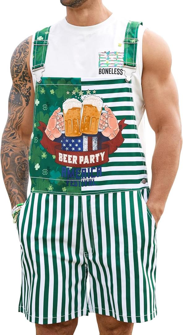 Bindefon Bibs Overalls Men Adjustable Straps Coveralls Shorts Printed Jumpsuit Male Romper (Large, Green Beer Glass)