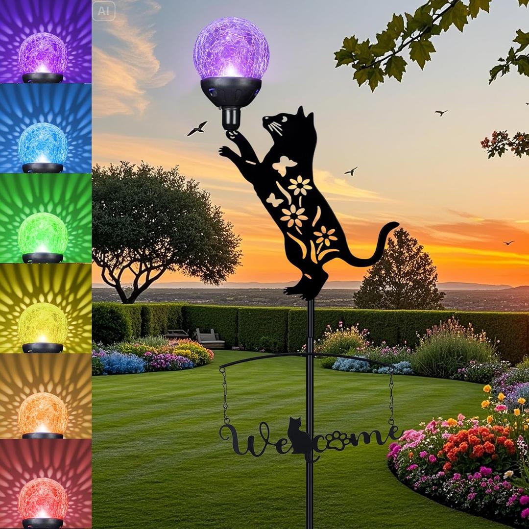 Cat Solar Lights Outdoor Garden Decor,40 Black Cat Stake with Color Changing Crackle Glass Ball Light,Metal Cat Silhouette Welcome Sign for Yard,Lawn,Pathway,Patio,Unique Gift Ideas
