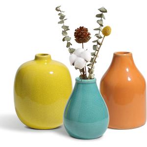 Ceramic Vases for Decor Set of 3, Colorful Decorative Vases for Farmhouse Fireplace, Modern Small Centerpieces Floral Decoration for Home Office Living Room Shelf Table, Rustic Style