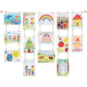 Mkono Art Display for Kids Artwork, 59" L Hanging Rope Boho Wall Decor with 34 Clips, Kids Art Collage Pictures Holder, Wall Hanging Decoration for Room Bedroom Playroom Classroom