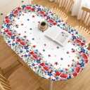 Horaldaily 4th of July Fitted Tablecloth 68 x 48 Inch Oval, Vintage America Stars Flower Patriotic Washable Table Cover Elastic Edged for Dinning, Picnic, Camping, Banquet