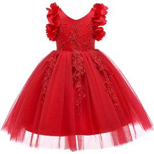 Weileenice Flower Girl Lace Dress Pageant Kids Wedding Christmas Holiday Party Dresses (4-5T, Bright Red)