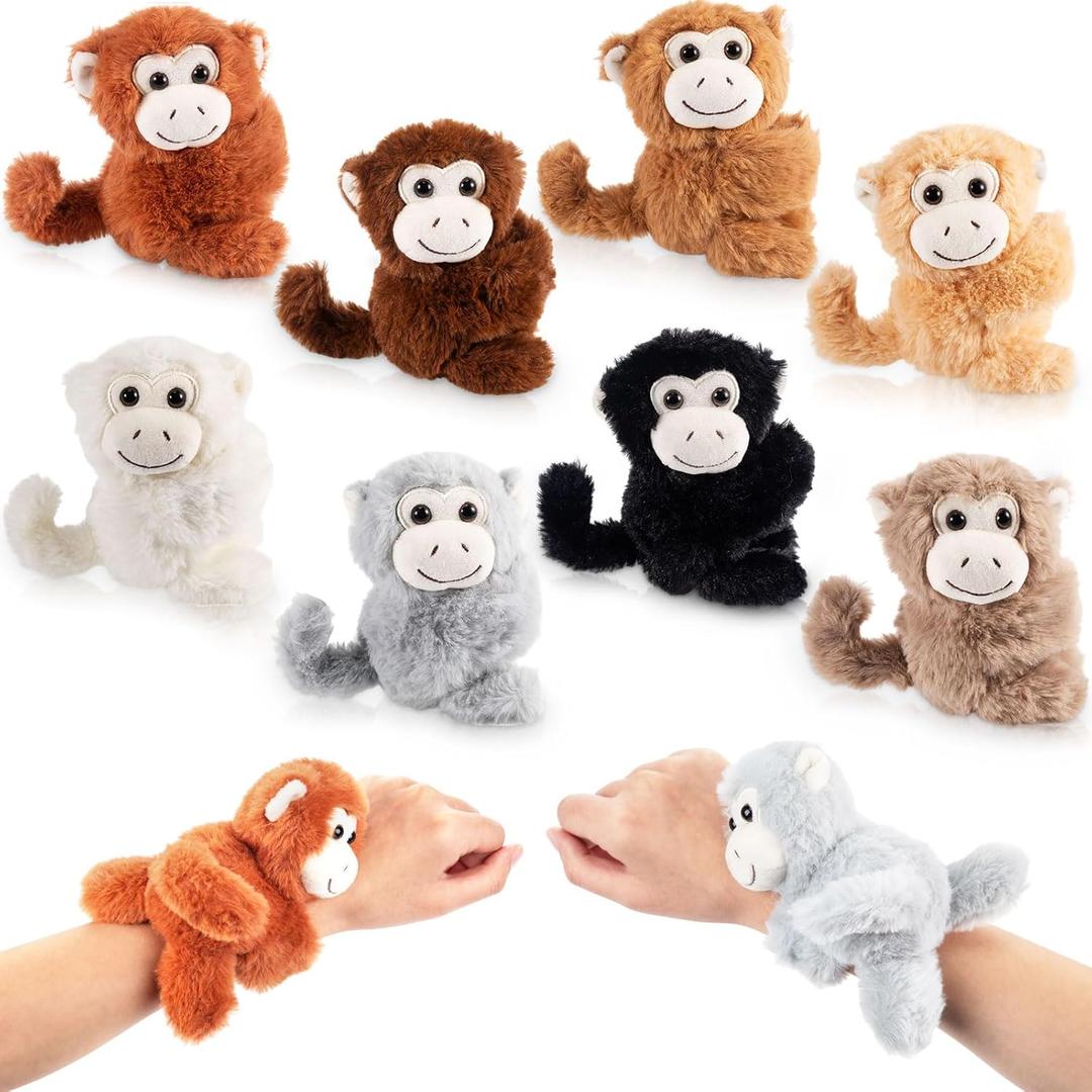 Liliful 8 Pack Kids Gifts Stuffed Animal Cat Slap Bracelets, Halloween Christmas 8 Inch Plush Wrist Cute Snap Bracelet Birthday for Boys Girls Child Bulk Item Pet Adoption Party Favors(Monkeys)