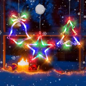Christmas Decoration Lights, 3Pcs Christmas Window Lights Battery Powered Xmas Window Decorations Tree & Jingle Bell &Star Shaped with Suction Cup for Xmas, New Year, Balcony, Party, Indoor Outdoor Decor