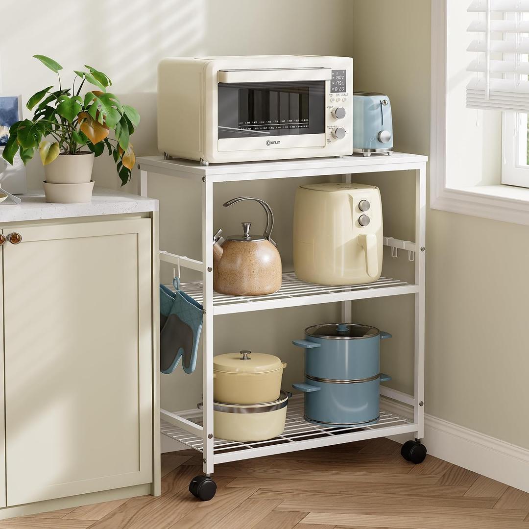 Kitchen Rolling Cart, 3-Tier Microwave Stand with Lockable Wheels, One-Piece Shelf, Kitchen Utility Storage Cart for Coffee Bar,Apartment, Dorm, Laundry Room, Office, 23.6" x 15.7" x 27.6", White