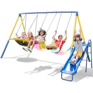 Sportspower Starlight Metal Swing Set with 2 LED Light-Up Swings, Saucer Swing & 5ft Slide  Outdoor Kids Playset with Sturdy Frame and Safety Features