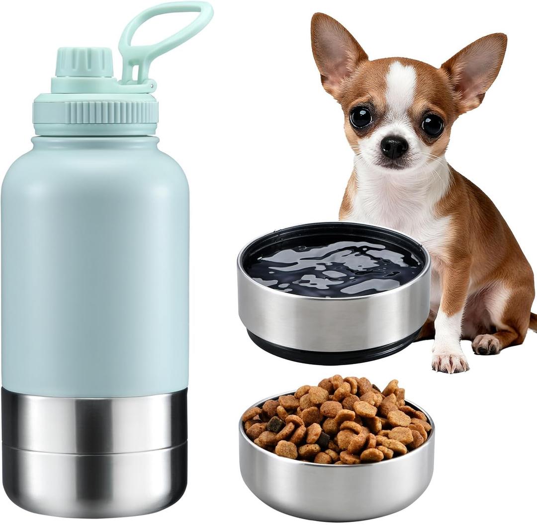 Cibaabo Insulated Dog Water Bottle with 2 Bowls, 32oz Travel Stainless Steel Double Wall Thermos, Portable Pet Dispenser, Gifts for Puppy Small Medium Dogs Walking Hiking and Camping (Mint Green)