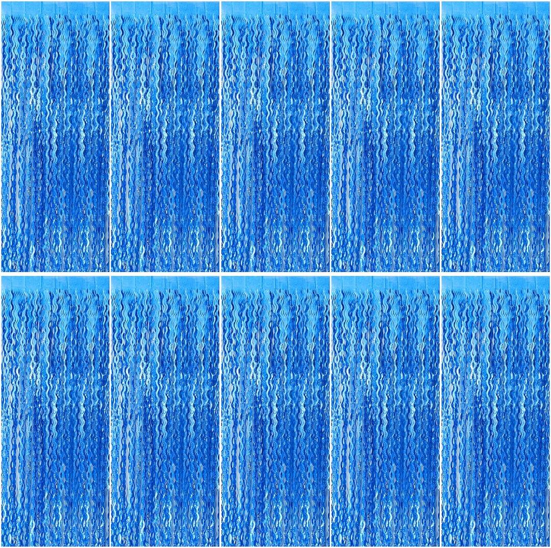 Blue Backdrop Wavy Tinsel Foil Fringe Curtains for Parties Sparkle Metallic Wavy Blue Birthday Decorations for Streamers Party Decorations Photo Booth Props Birthday Ocean Party Decor Supplies (10 Pack)