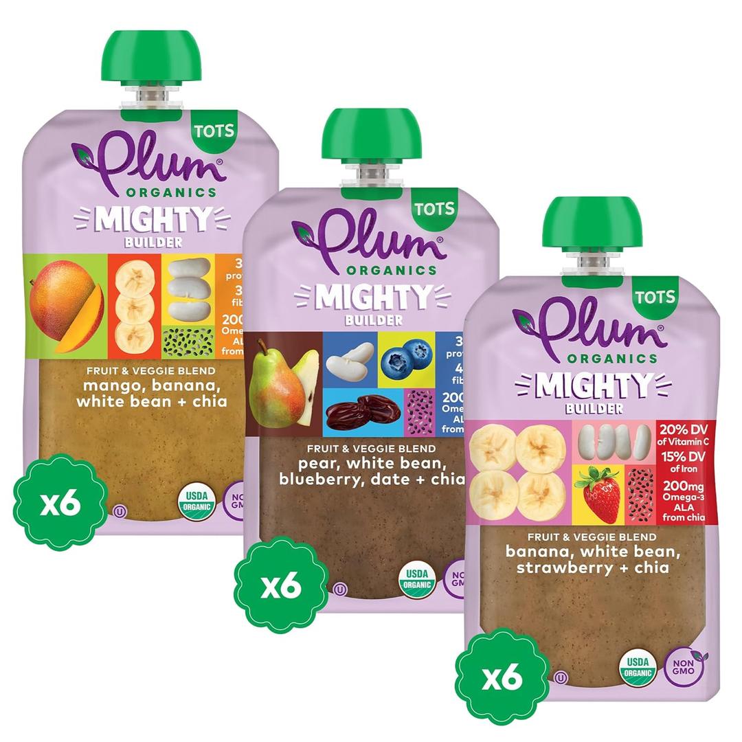 Plum Organics - 12+ Months Organic Baby Food Variety Pack - 3 Flavors - Non-GMO - Fruit & Veggie Blends On-The-Go Pouches for Baby and Toddler Meals - Quality Tested Ingredients - 4 oz (Pack Of 18) Best By 2026/05/21