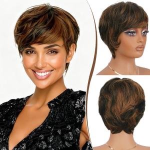 RUWISS Pixie Cut Wig Human Hair Short Wigs for Black Women with Bangs, Natural Layered Wig, Glueless, 1B/30#