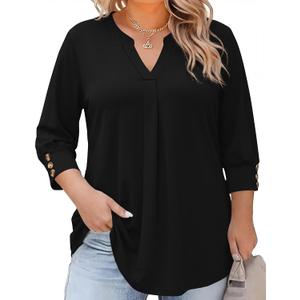 TFSDOD Womens Plus Size Tops 3/4 Length Sleeve Women's Tops V Neck Blouses Pleated Tunic Plus Size Fashion (2XL Plus)