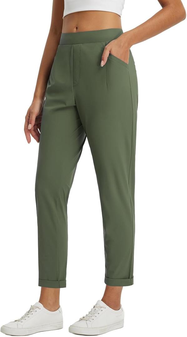 baleaf Womens Travel Pants with Zipper Pockets Stretchy Work Pants Business Casual Slacks Golf Pants Dressy with Pockets (Large, Green)