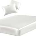 SiinvdaBZX 3-Piece Set Satin Full Fitted Sheet & 2 Pillowcase, Ivory White Silky Soft Fitted Bottom Sheet, Wrinkle Free, Fade Resistant, Deep Pocket Bed Sheet (Deep Up to 15")