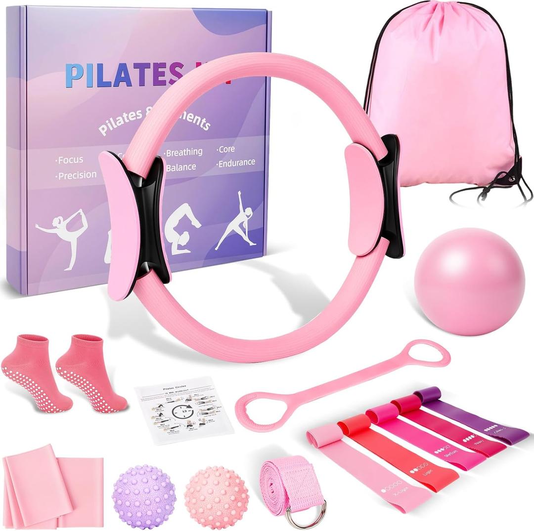 Home Pilates Kit for Women - 14 Pcs Pilates Equipment Set with Pilates Ring and Ball, 5 Resistance Bands Etc Accessories for Beginners Home Workouts - Includes Workout Guide (Pink)