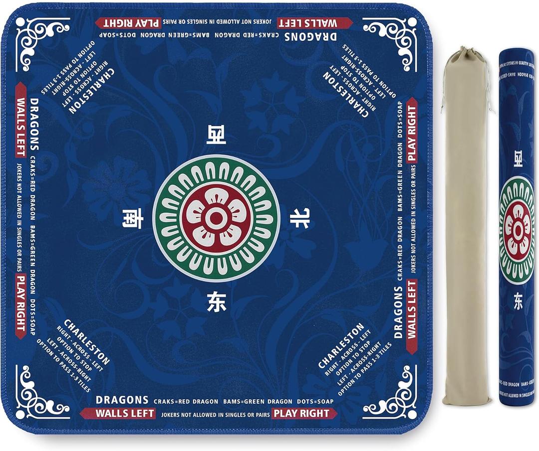 Crease-Free Mahjong Mat for Table, American Mahjong Mat with Charleston Rules, 31.5 x 31.5 inch Non-Slip Rubber Backing Noise-Reducing Mah Jongg Learning Mat with Carrying Bag (Blue)