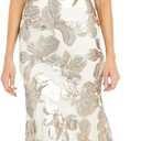 Long Beaded Mermaid Silhouette Floral Sequin Gown (8, Ivory/Champagne)