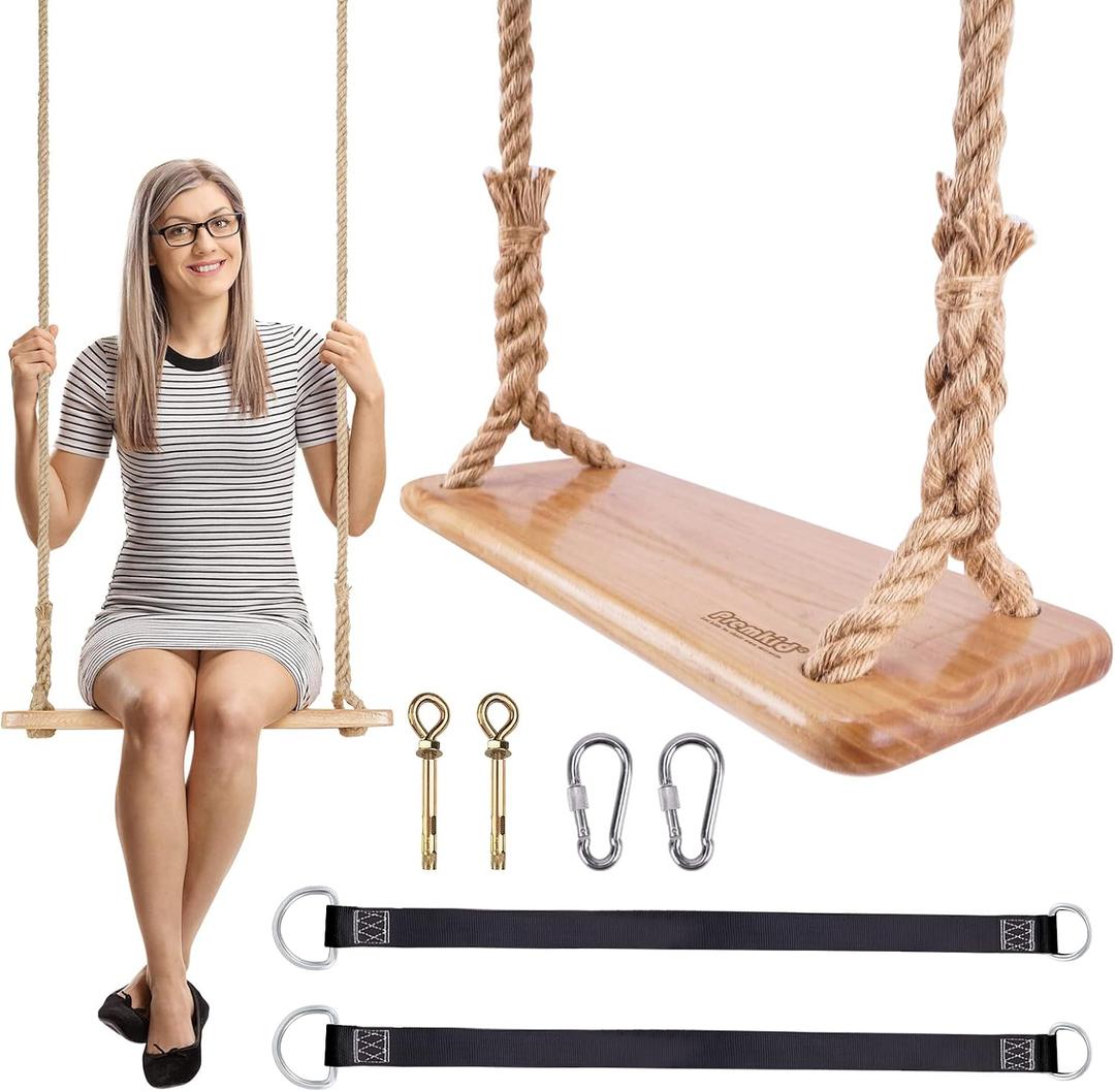 Hanging Wooden Swing, 24"x 8"x 1.2" Tree Swing for Adults and Kids with 500lbs Load, Adjustable Hemp Rope Plus Tree Straps 10.54FT, Wood Swing Set Seat for Outdoor and Indoor Use