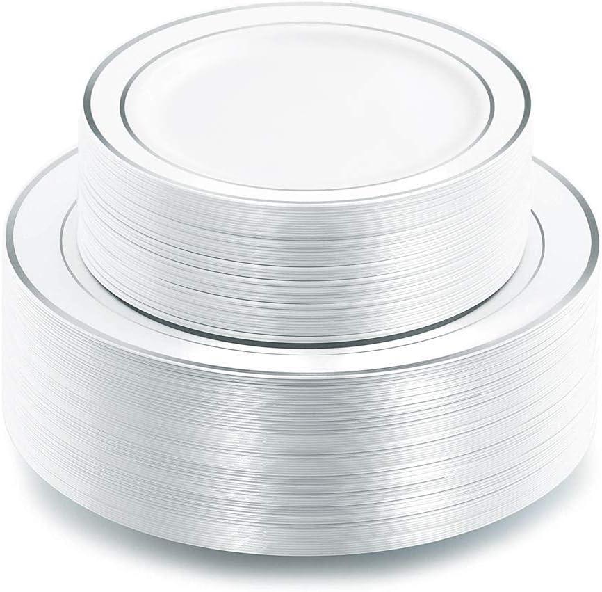 I00000 102pcs Silver Plastic Plates, Disposable Plastic Party Plates with White Silver Rim Fancy Wedding Party Plates Include 51 Dinner Plates 10.25" and 51 Dessert Appetizer Plates 7.5"