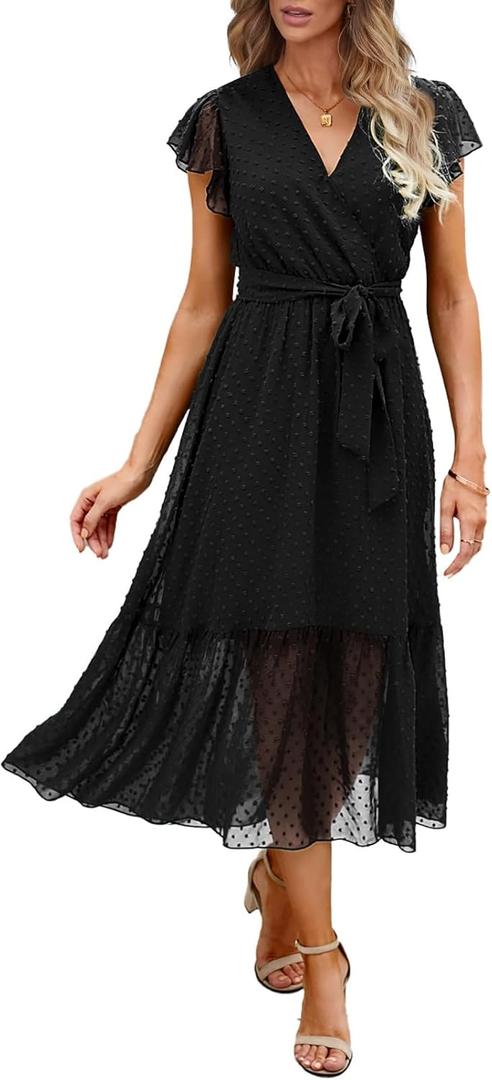 BTFBM Women Summer Bohemian Floral Casual Wrap V Neck Ruffle Cap Sleeveless Belt A-Line Pleated Hem Midi Sun Dress White (Swiss Dot Black), Small