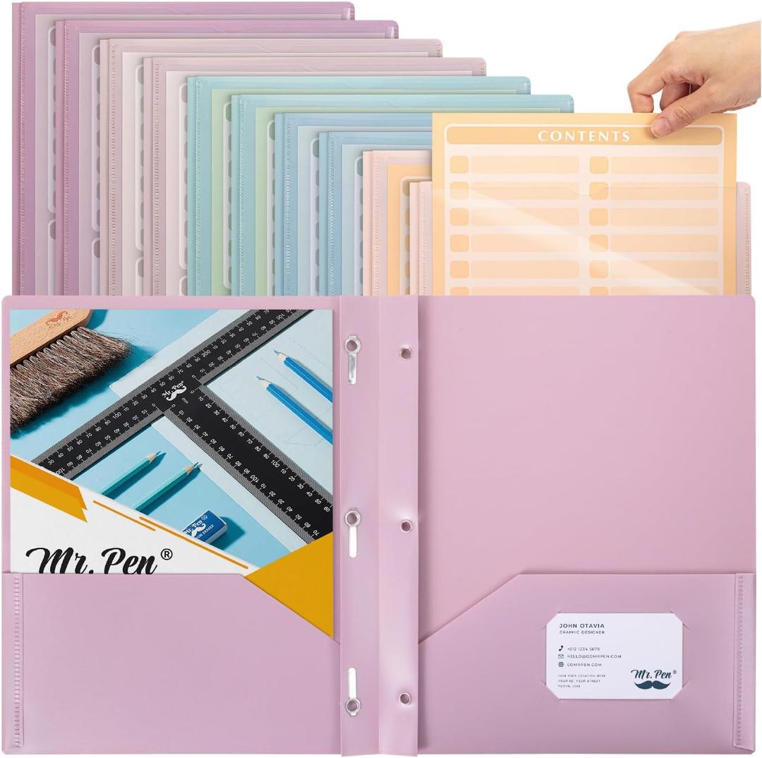 Mr. Pen- Plastic Folders with Pockets and Prongs, 10 Pack, Letter Size, Assorted Pastel Colors, Flexible Plastic Folders with Prongs, Clear Front Pocket, Card Slot & Color-Coded Cover Papers