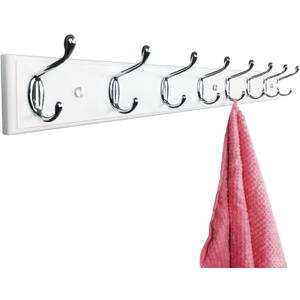 Wooden Wall Mounted Coat Rack 31 Inch, White with 8 Silver Hooks for Entryway, Hallway, Bedroom
