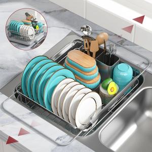 Dish Drying Rack - Stainless Steel Dish Rack with Drainboard for Kitchen Counter and Sink, X-Large, 12.0" W x 15.8~23" L x 5" H, Silver