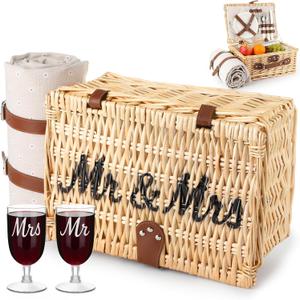 Picnic Basket for 2, Engagement Wedding Bridal Shower Gifts for Couples Bride, Wicker Picnic Basket with Waterproof Blanket & Insulated Liner Willow Hamper Set for Mr and Mrs Outdoor Camping