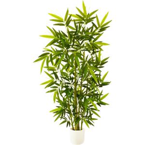 Artificial Bamboo Tree, 5ft Tall Fake Bamboo Plant with White Planter, Faux Trees with 5 Trunks and Lifelike Leaves for Indoor Outdoor Home Office Décor