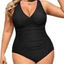 Aqua Eve Women Plus Size One Piece Swimsuits V Neck Tummy Control Bathing Suits Retro Ruched Swimwear (Black) XXL
