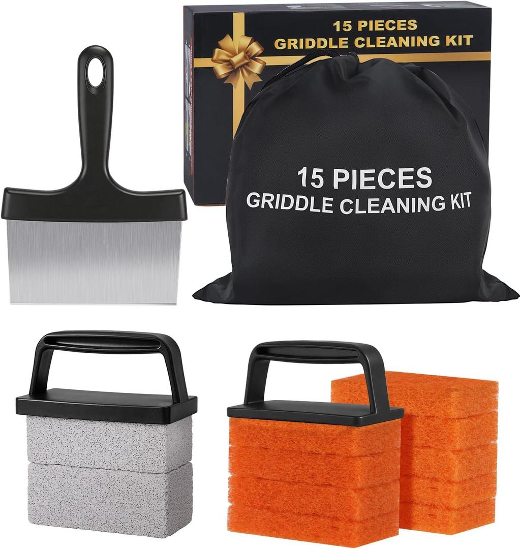 8 x Griddle Cleaning Kit for Blackstone,15 Pieces Flat Top Grill Cleaning Kit with Grill Scraper, Griddle Bricks and Brush Easy to Remove Stain,Griddle Accessories Cleaner Tool Set with Storage Bag