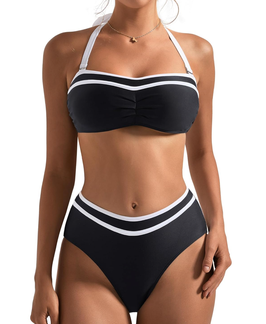 SUUKSESS Women High Waited Bandeau Bikini Sets Halter High Cut 2 Piece Swimsuit Small