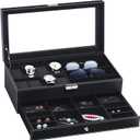 TomCare Watch Box Watch Case Watch Holder Organizer Jewelry Case Drawer Sunglasses Display Box Storage Earrings Storage Organizer Lockable with Glass Top and PU Leather for Men Women (All Black)